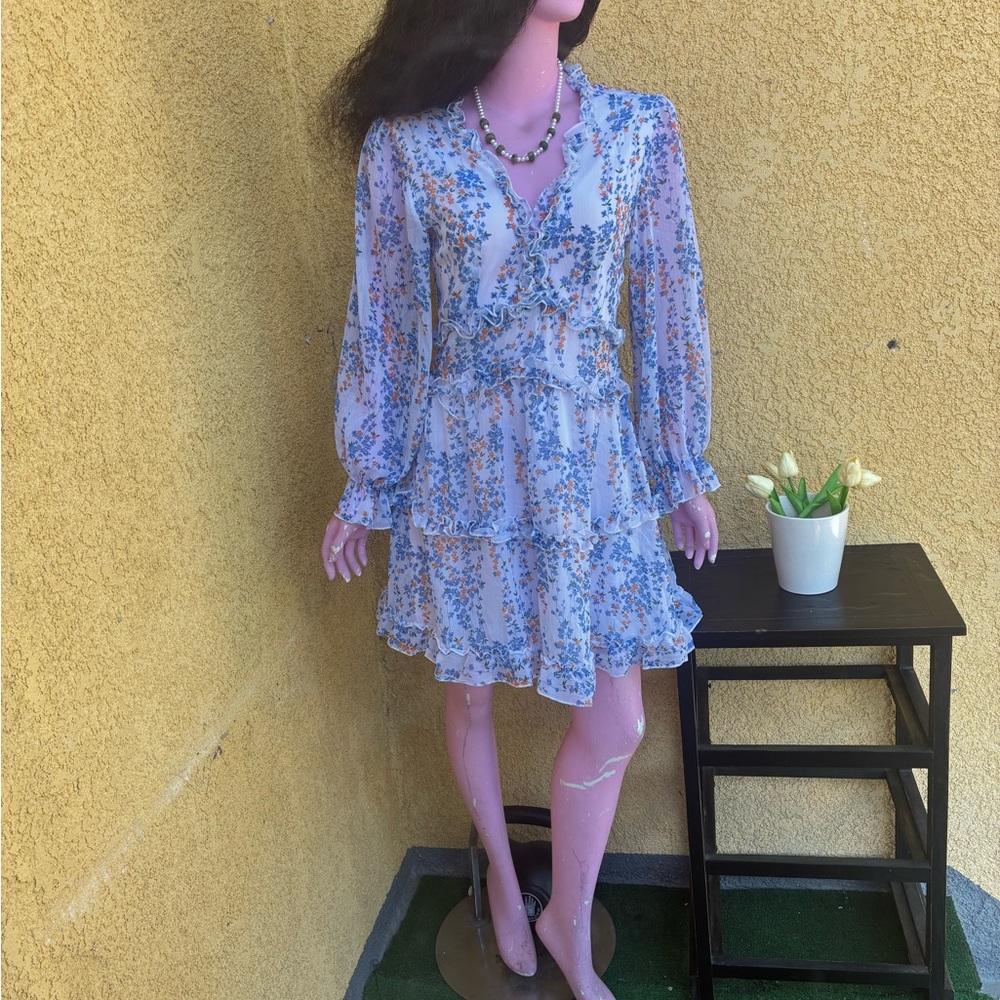 Beautiful Floral Blue Ruffle Dress Back Out minor damage also needs a button.